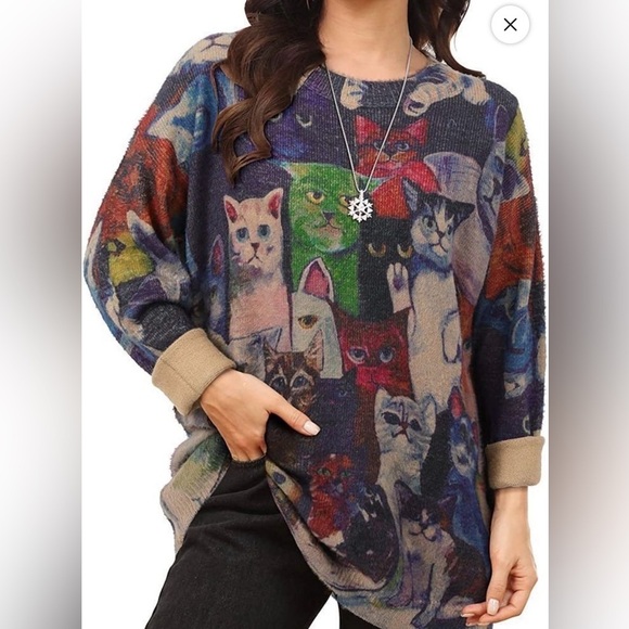 Sweaters - Oversized Cat Print Cotton Wool Sweater M to XL
